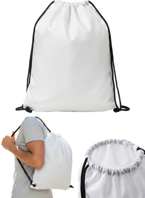 شنطة ظهر برباط متعددة الاستخدامات Drawstring Backpack خفيفة الوزن مقاومة للماء بتصميم رياضي عملي قماش بوليستر متين مع حبال سميكة مريحة للكتف مناسبة للرياضة الجيم المدرسة الجامعة السفر التسوق وتنظيم الأغراض اليومية لون أبيض مع أربطة سوداء بمقاس 44×34 سم